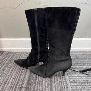 Gianni Bini black Whipstitch Lace Up mid calf Suede Boots